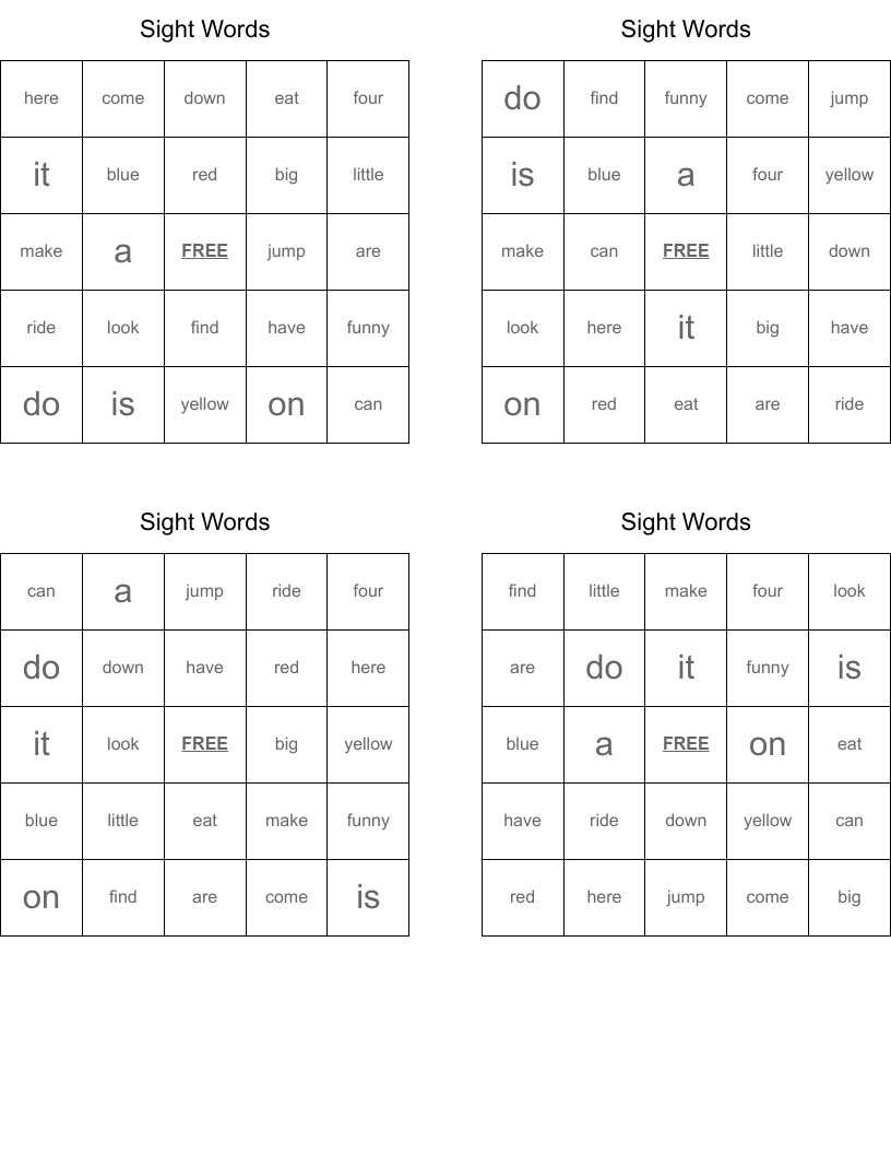 Sight Words Bingo Cards