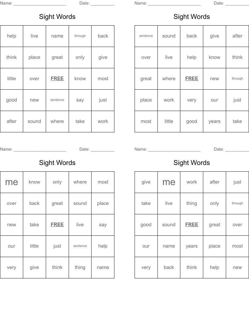 Sight Words Bingo Cards