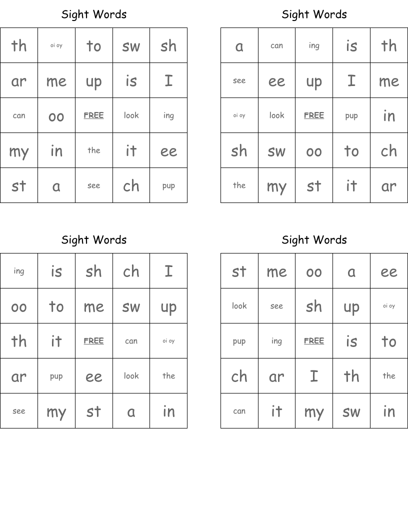 Sight Words Bingo Cards