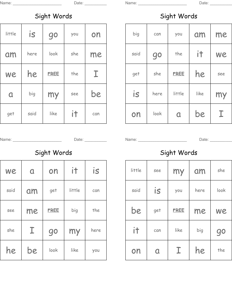 Sight Words Bingo Cards