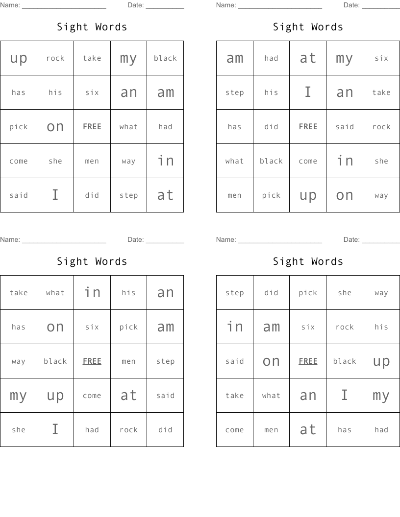 Sight Words Bingo Cards