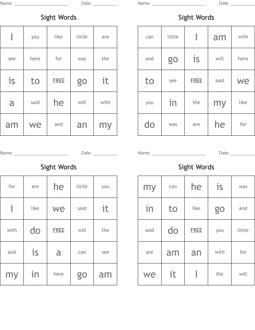 Sight Words Bingo Cards