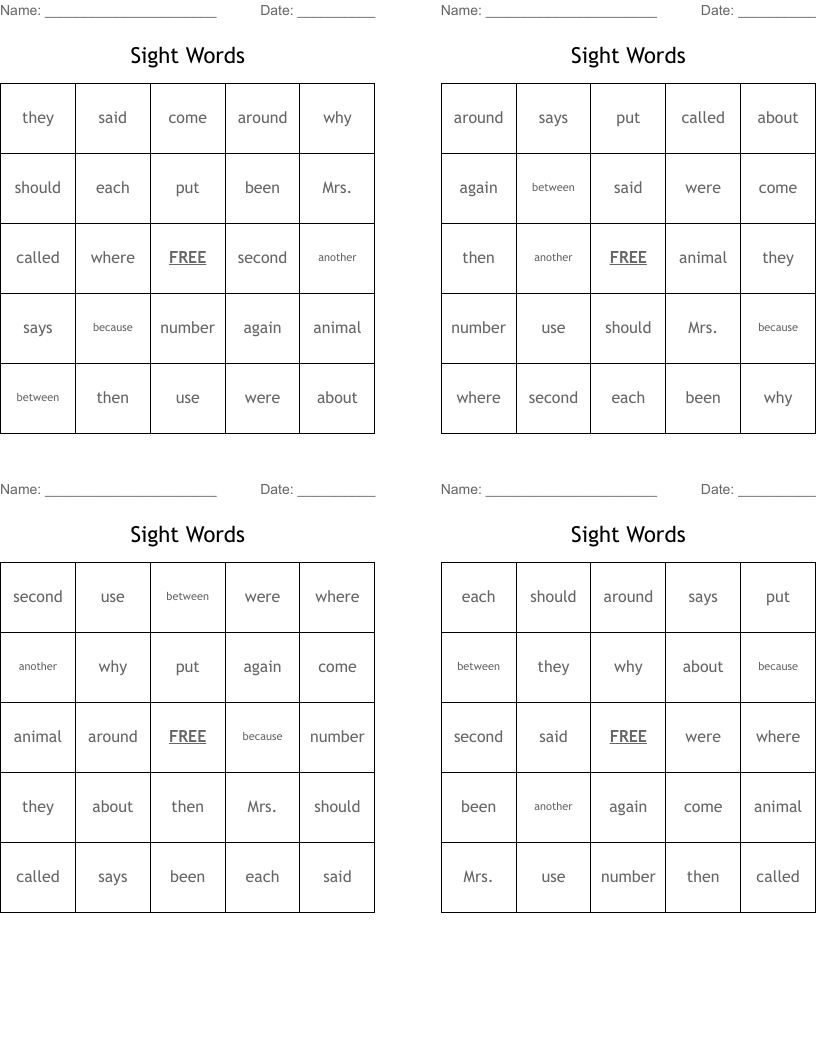 Sight Words Bingo Cards
