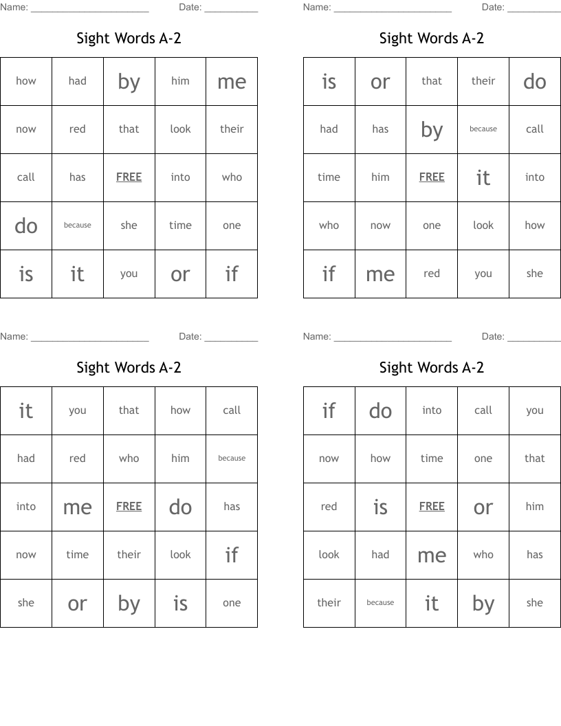 Sight Words A-2 Bingo Cards
