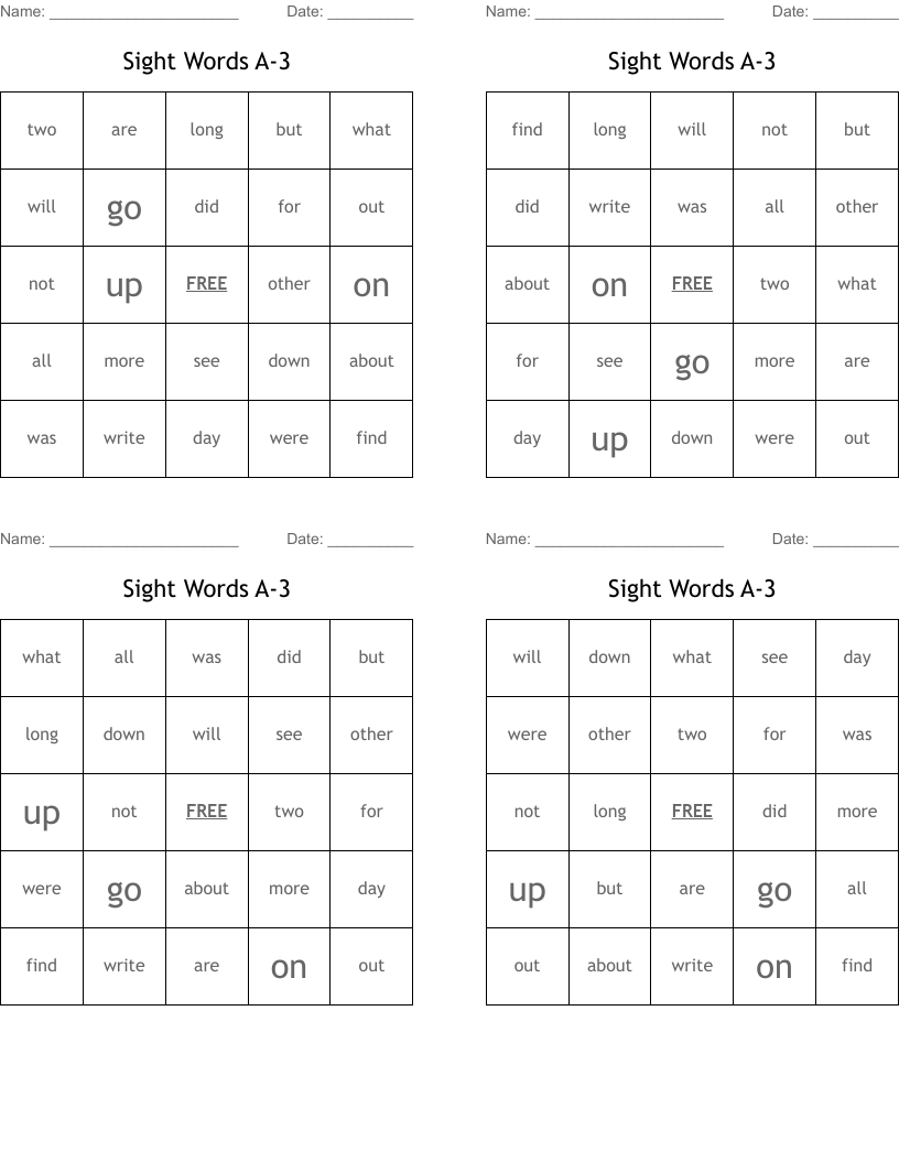 Sight Words A-3 Bingo Cards