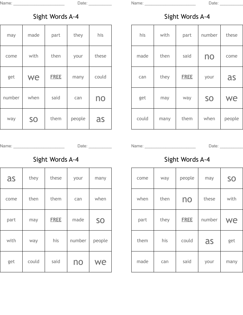 Sight Words A-4 Bingo Cards