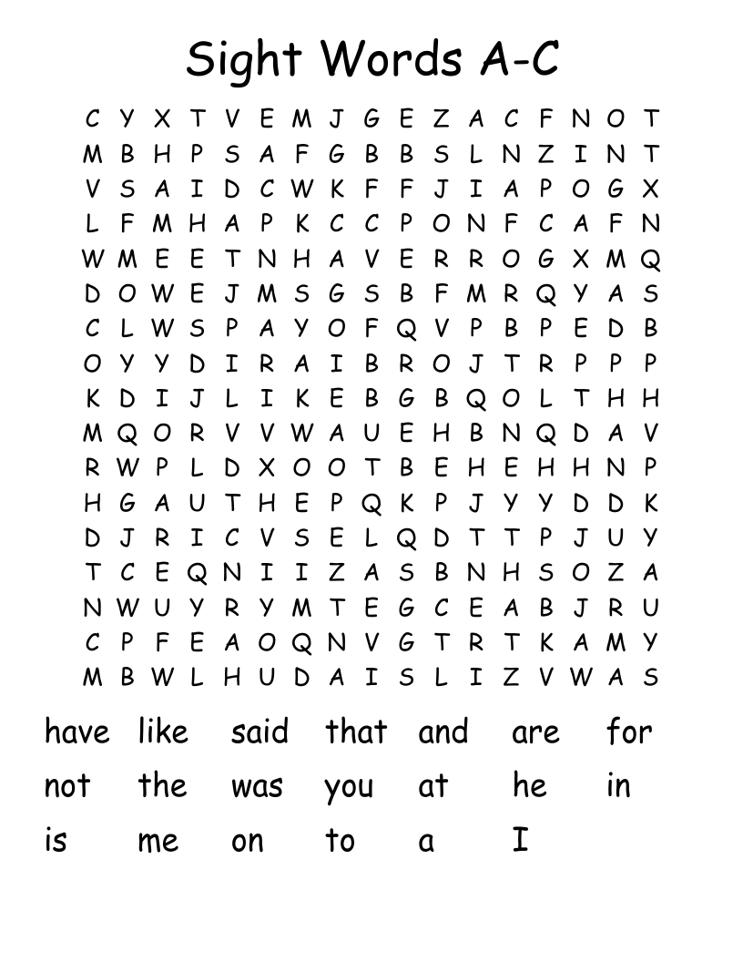 Sight Words A-C Word Search