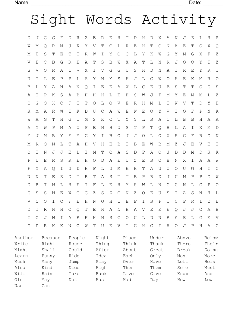 Sight Words Activity Word Search