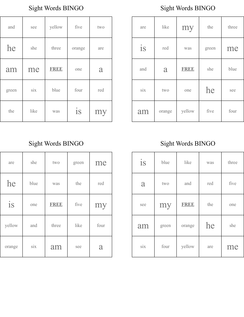Sight Words BINGO