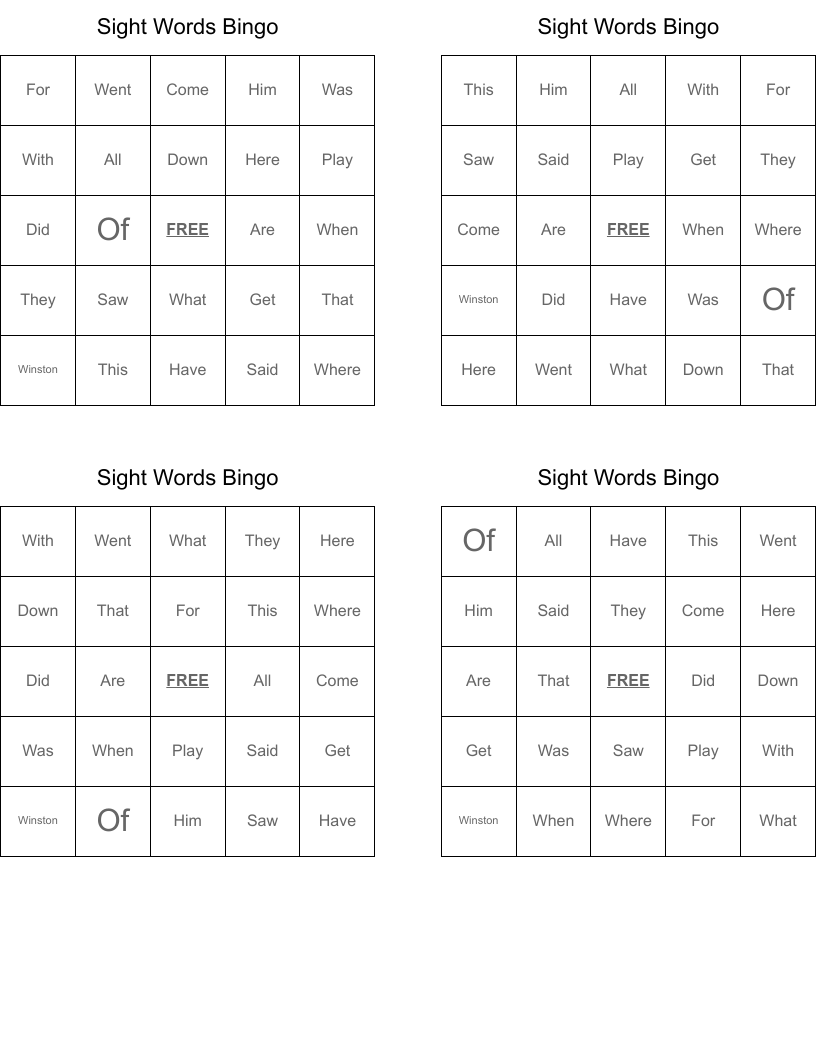 Sight Words Bingo