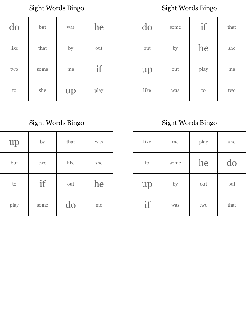 Sight Words Bingo