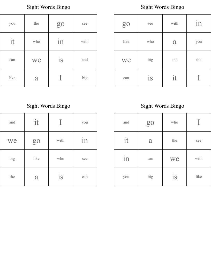 Sight Words Bingo