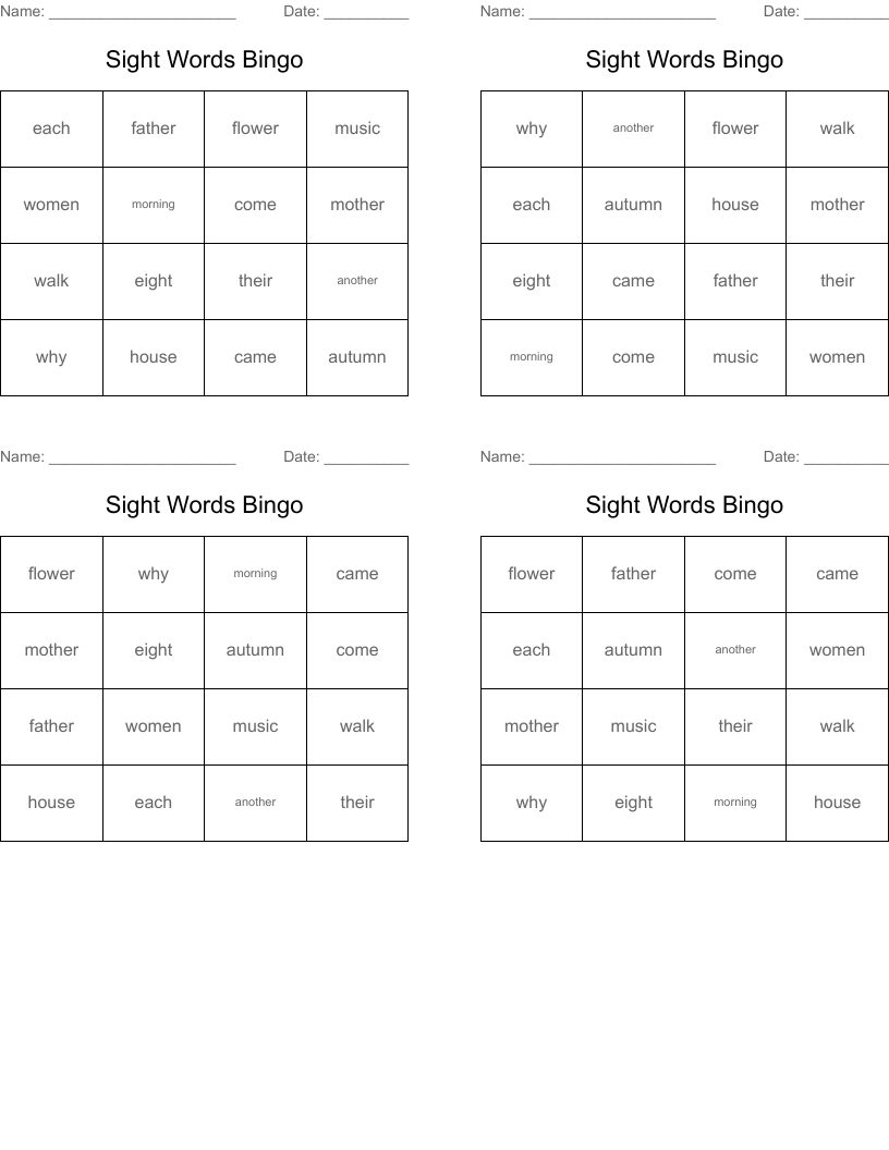 Sight Words Bingo