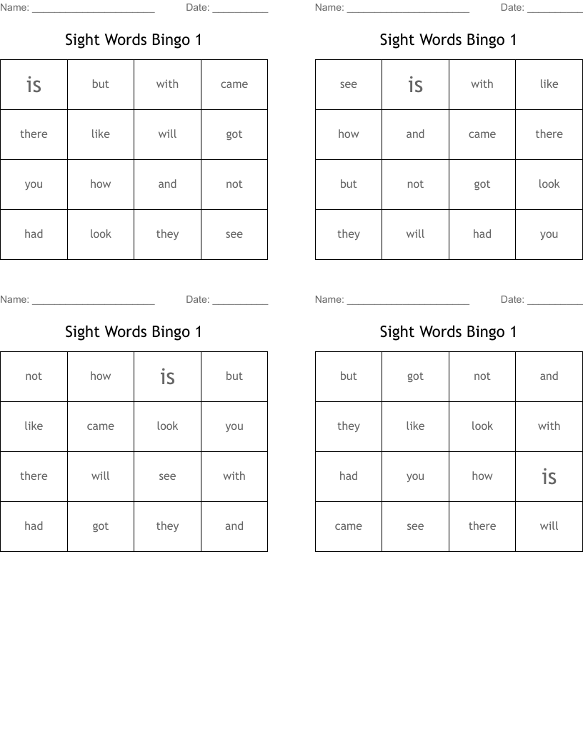 Sight Words Bingo 1