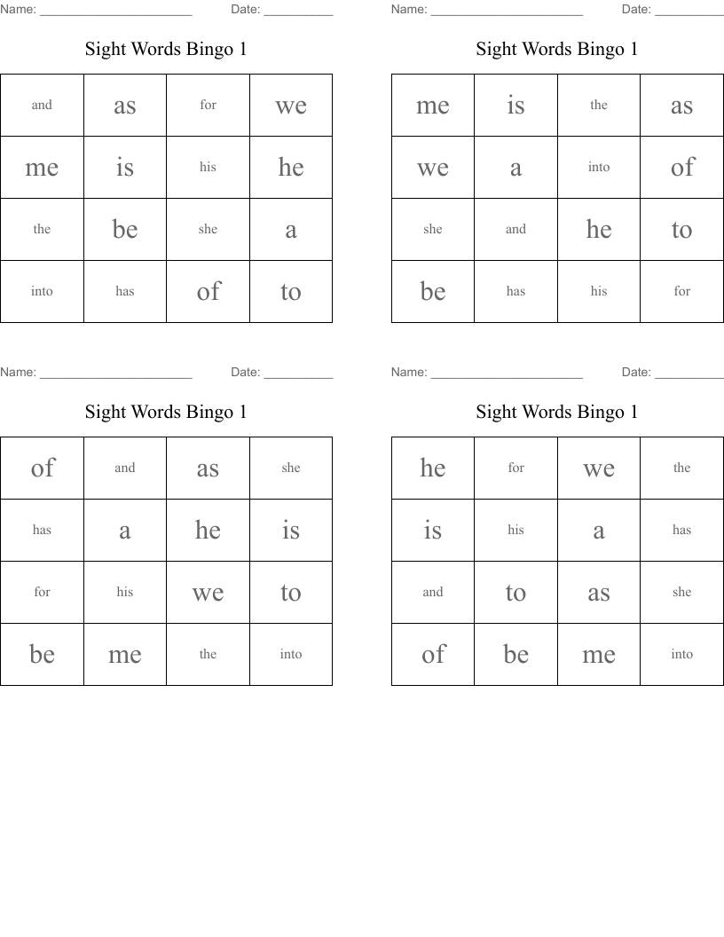 Sight Words Bingo 1