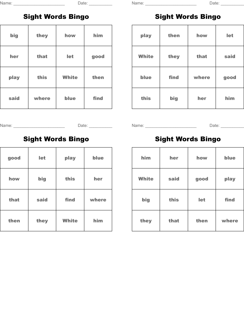 Sight Words Bingo