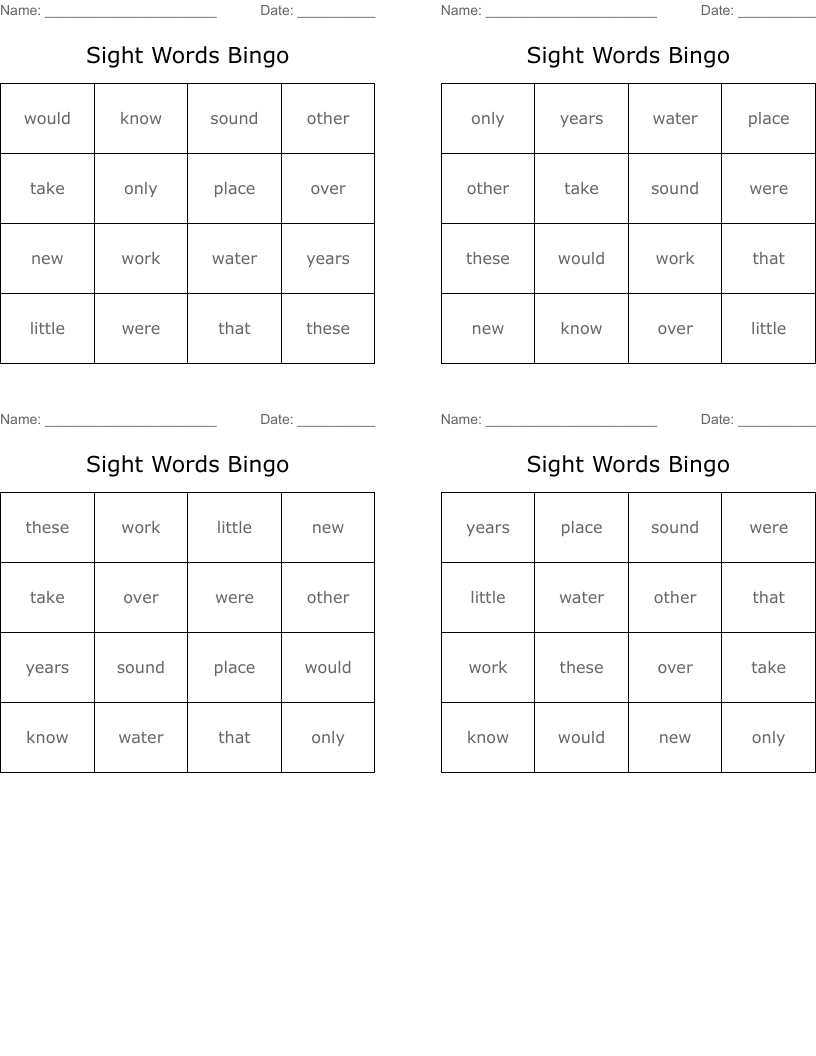 Sight Words Bingo