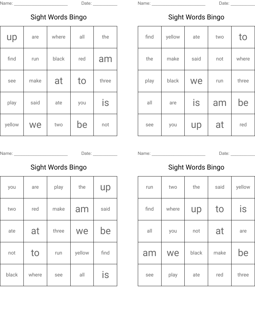 Sight Words Bingo