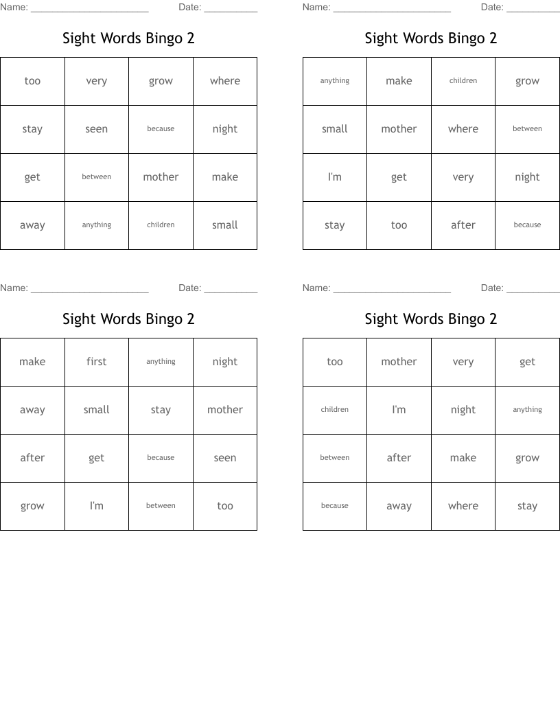 Sight Words Bingo 2