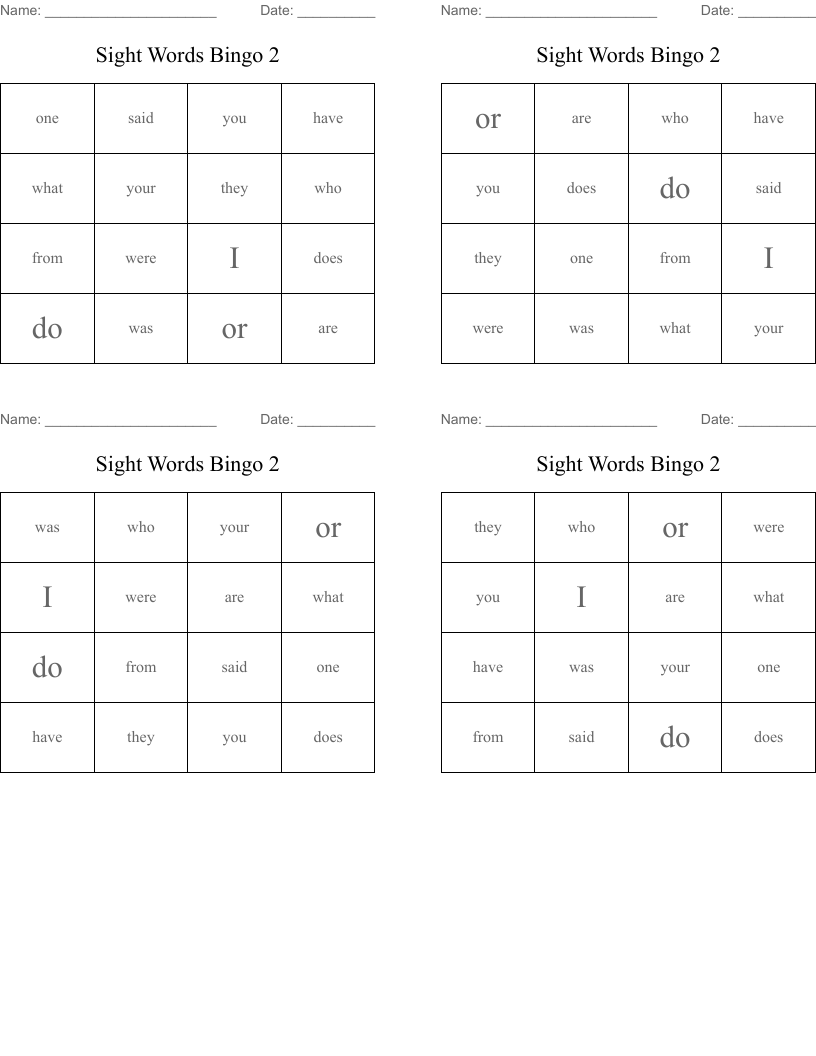 Sight Words Bingo 2