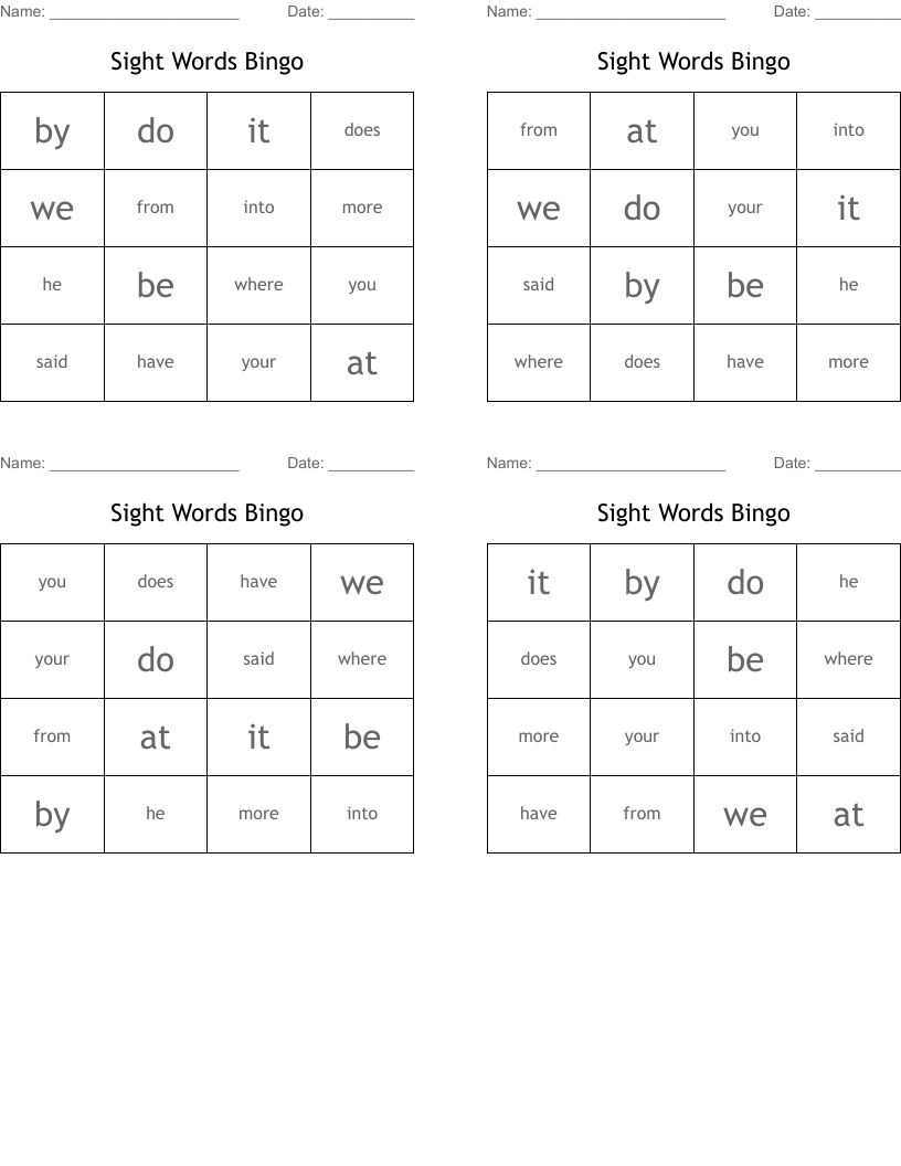 Sight Words Bingo