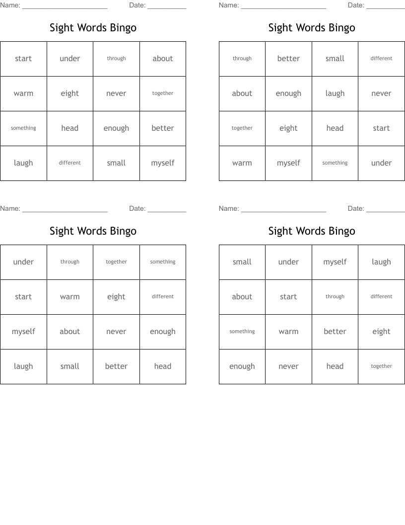 Sight Words Bingo
