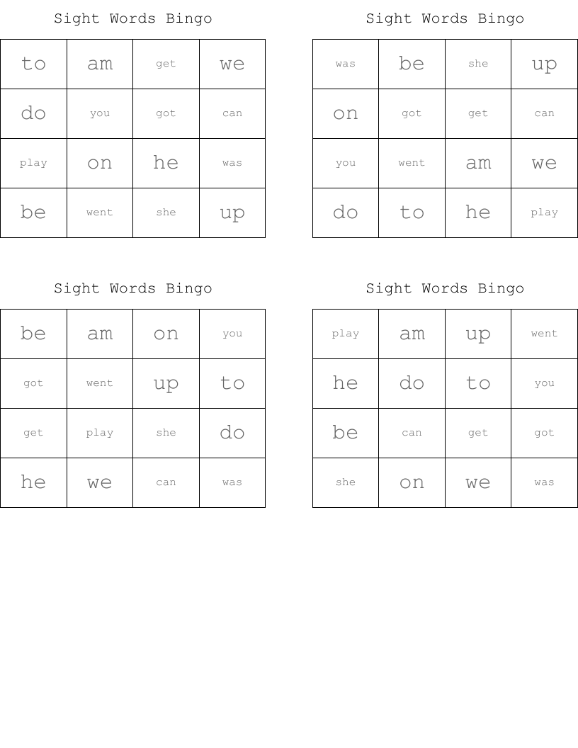 Sight Words Bingo