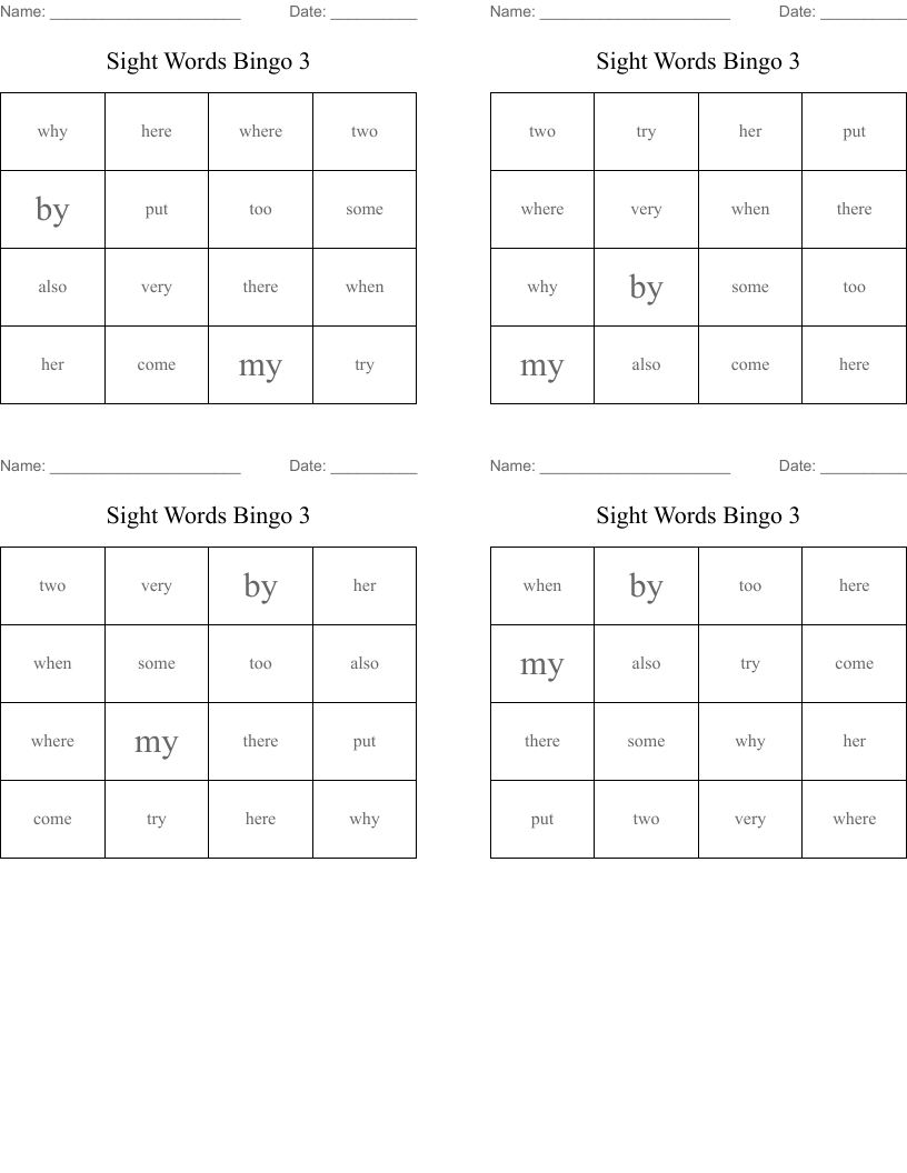 Sight Words Bingo 3