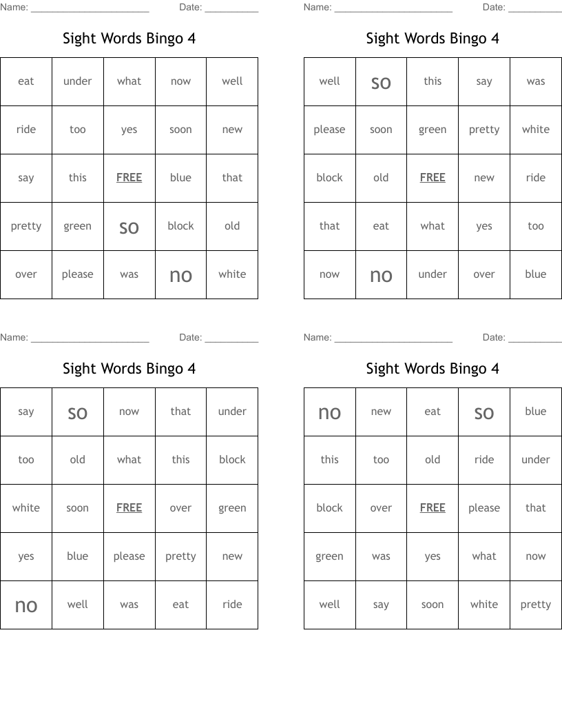 Sight Words Bingo 4