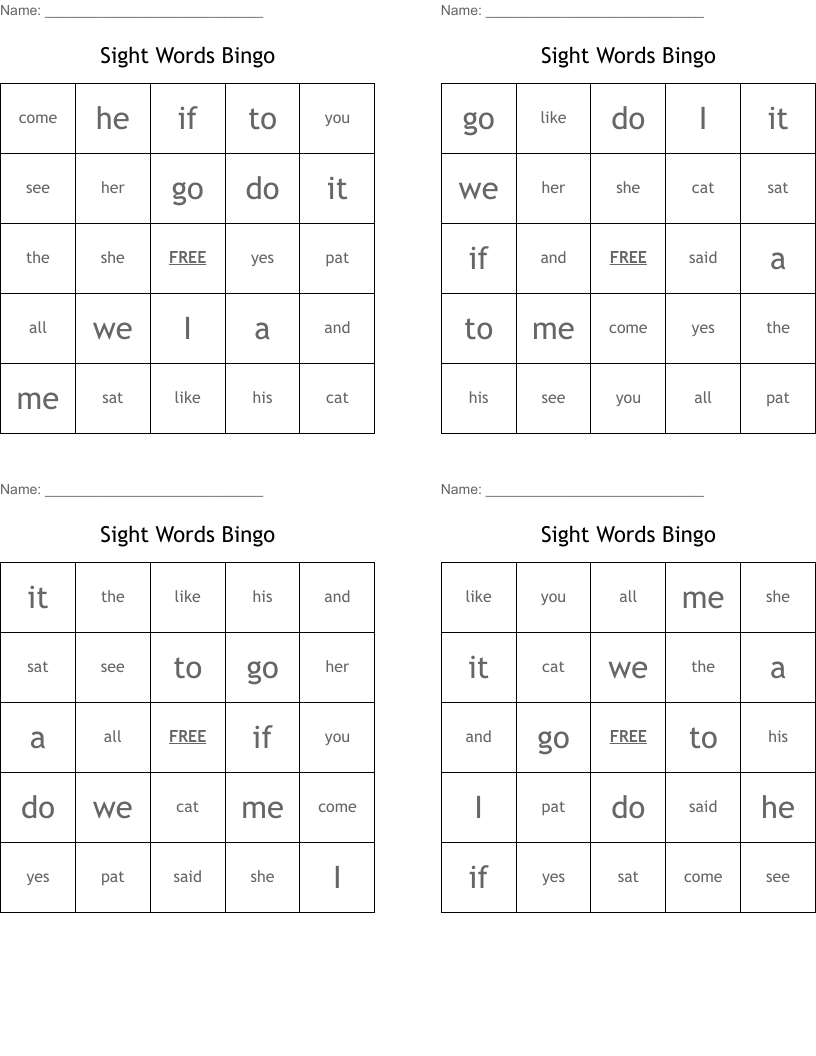 Sight Words Bingo