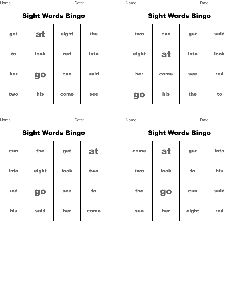 Sight Words Bingo 