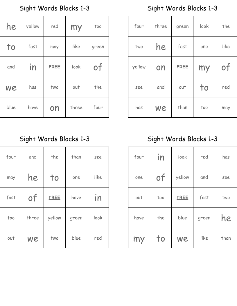 Sight Words Blocks 1-3 Bingo Cards
