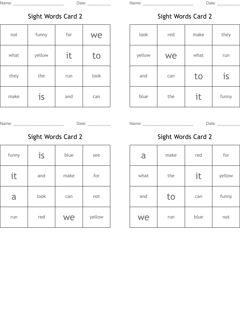 Sight Words Card 2 Bingo Cards