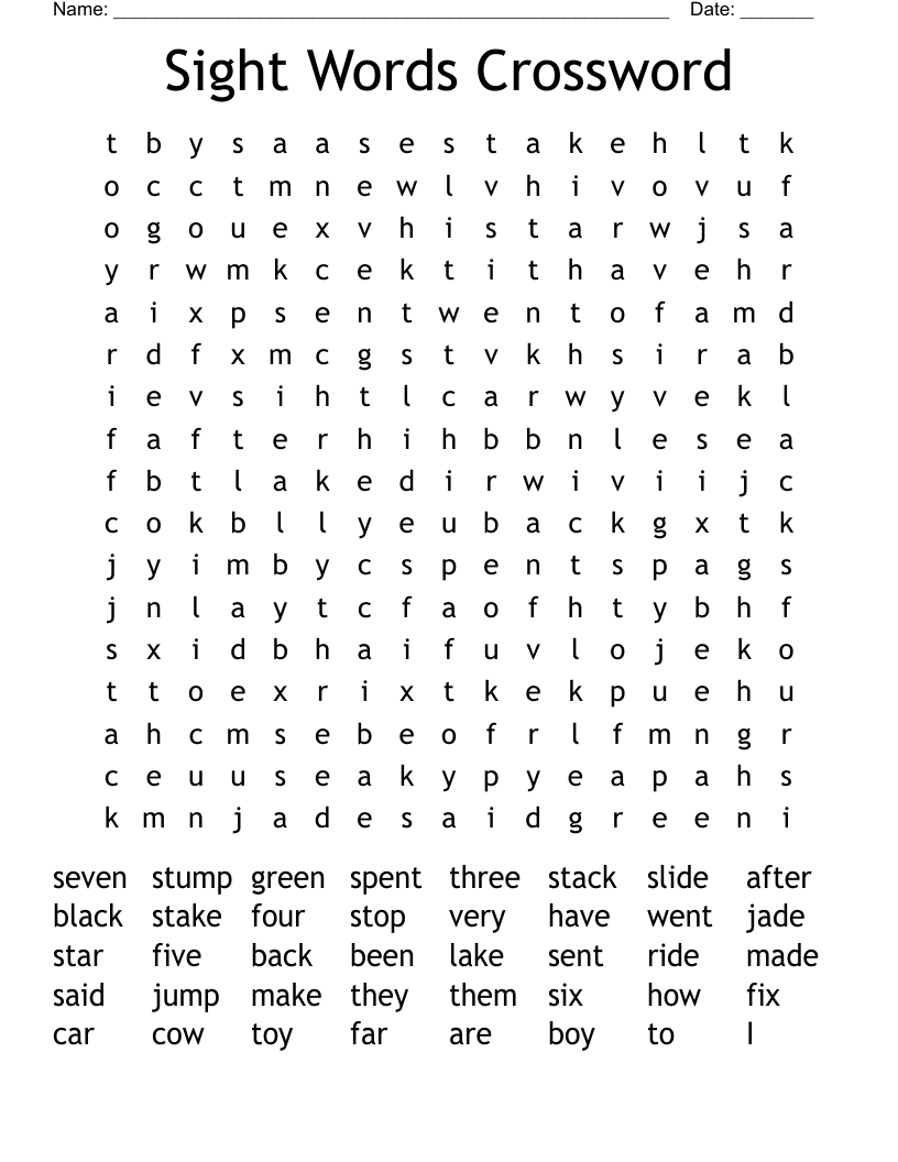 Sight Words Crossword Word Search