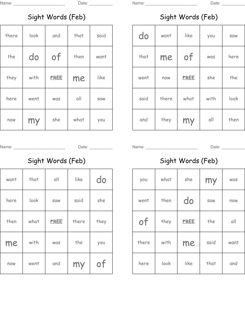 Sight Words (Feb) Bingo Cards