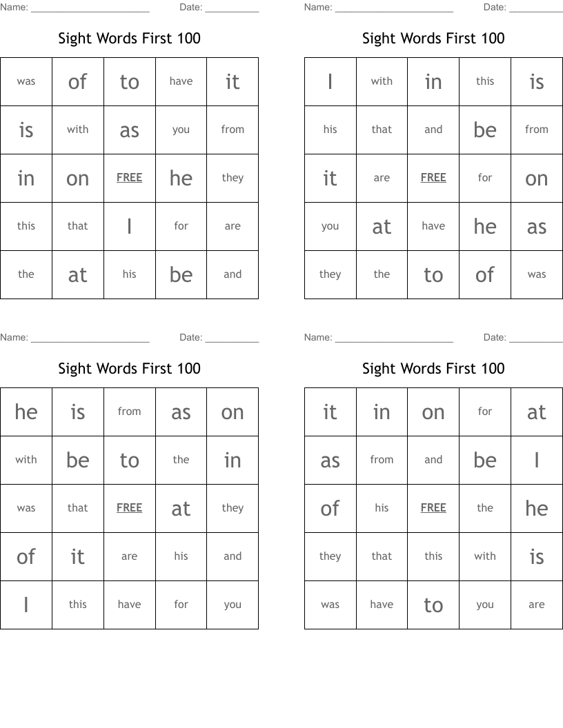 Sight Words First 100 Bingo Cards