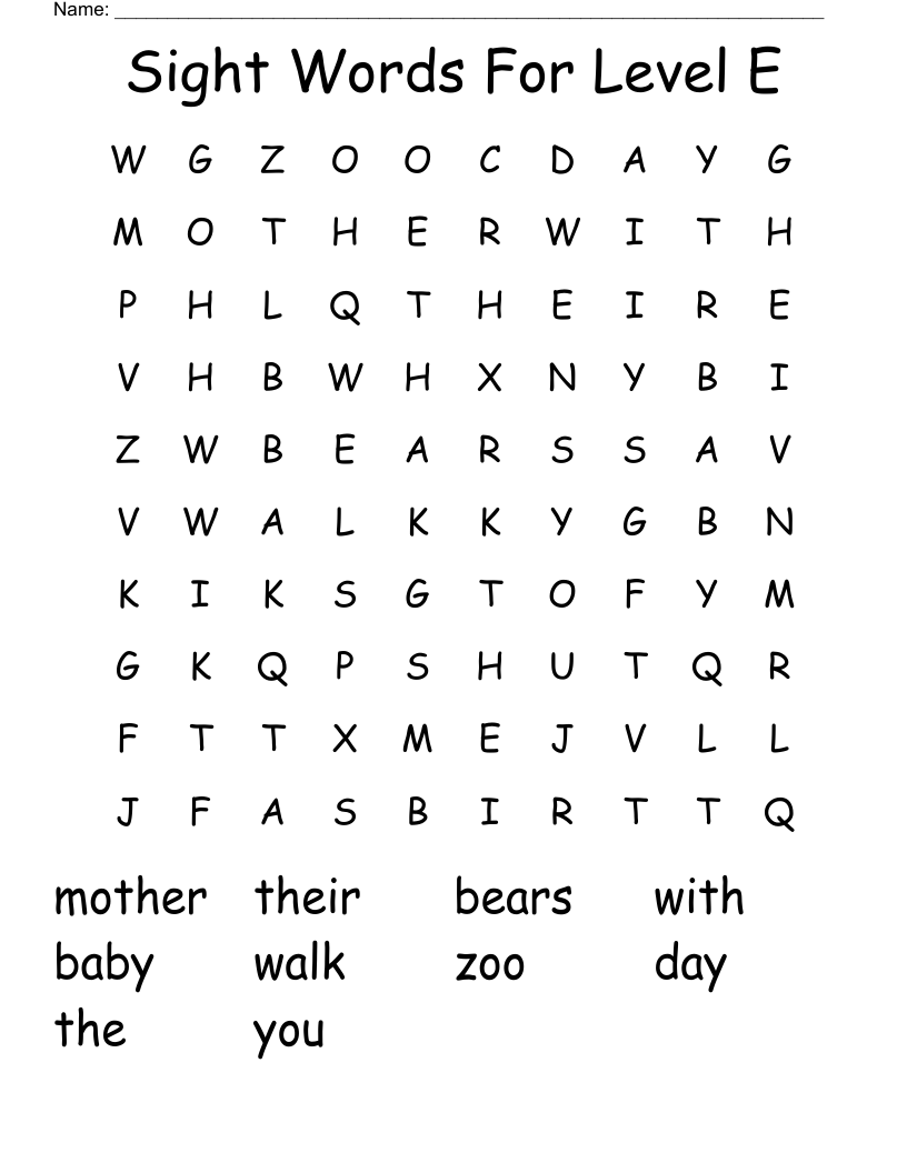 Sight Words For Level E Word Search