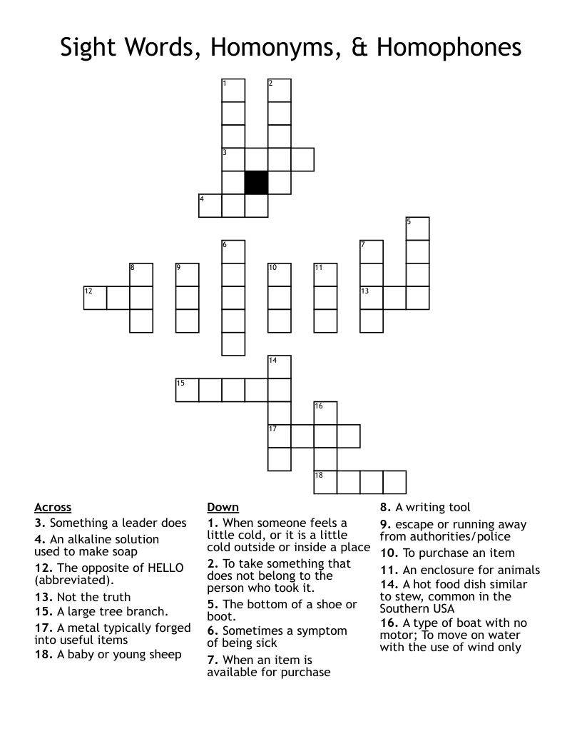 Sight Words, Homonyms, & Homophones Crossword