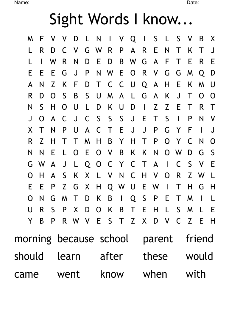 Sight Words I know... Word Search