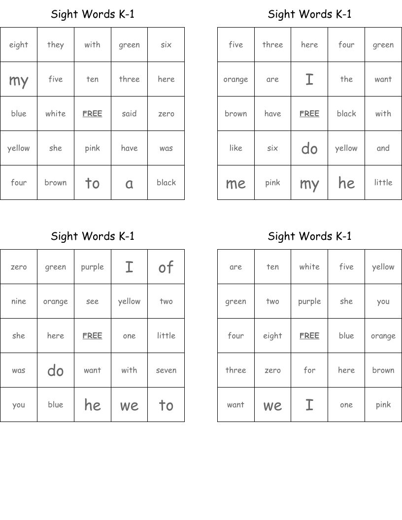 Sight Words K-1 Bingo Cards