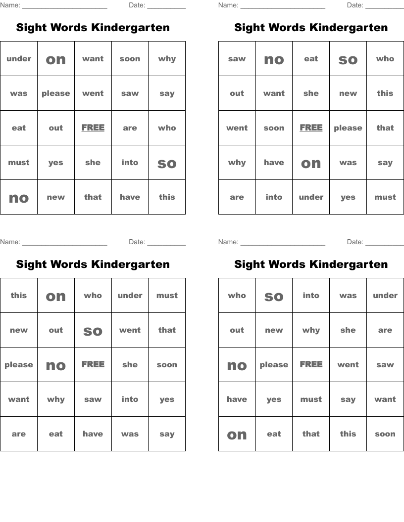 Sight Words Kindergarten Bingo Cards