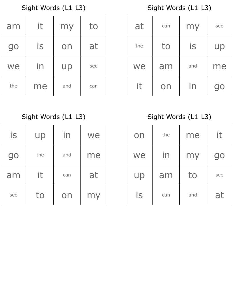 Sight Words (L1-L3) Bingo Cards