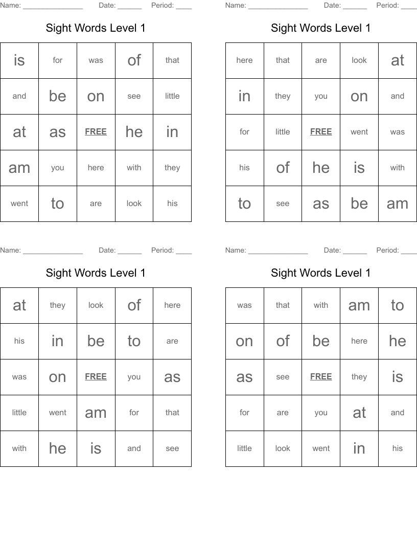 Sight Words Level 1 Bingo Cards