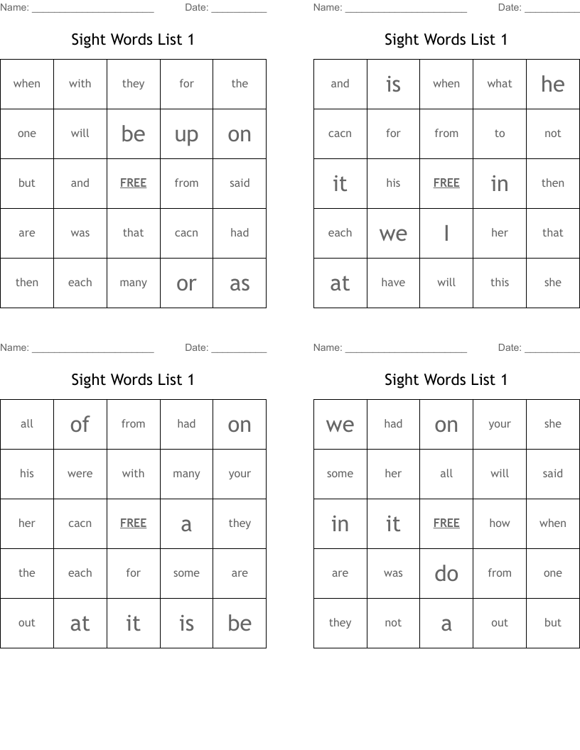 Sight Words List 1 Bingo Cards