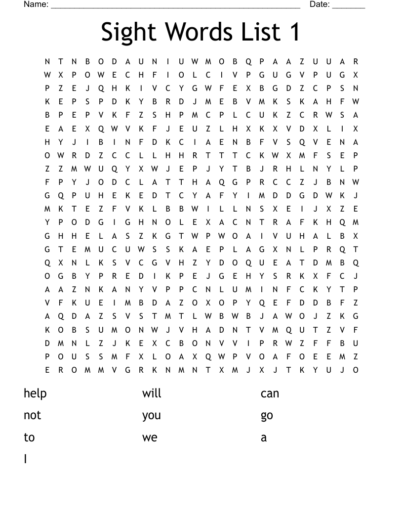 Sight Words List 1 Word Search