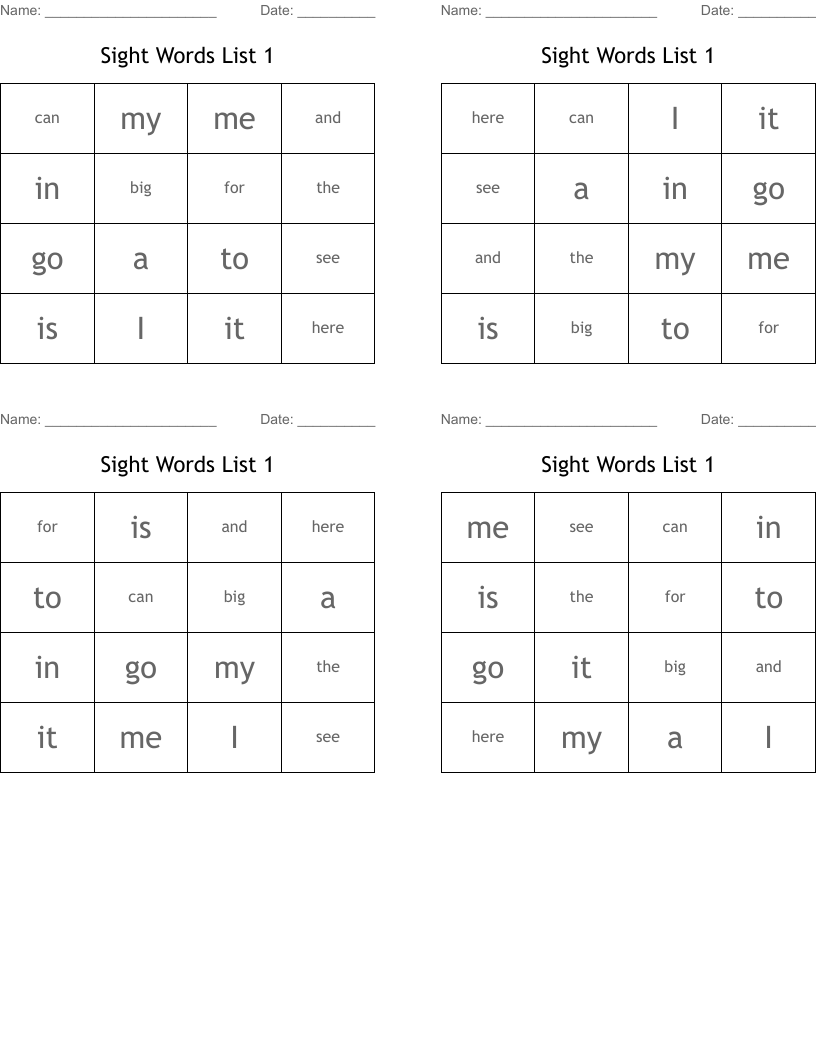Sight Words List 1 Bingo Cards