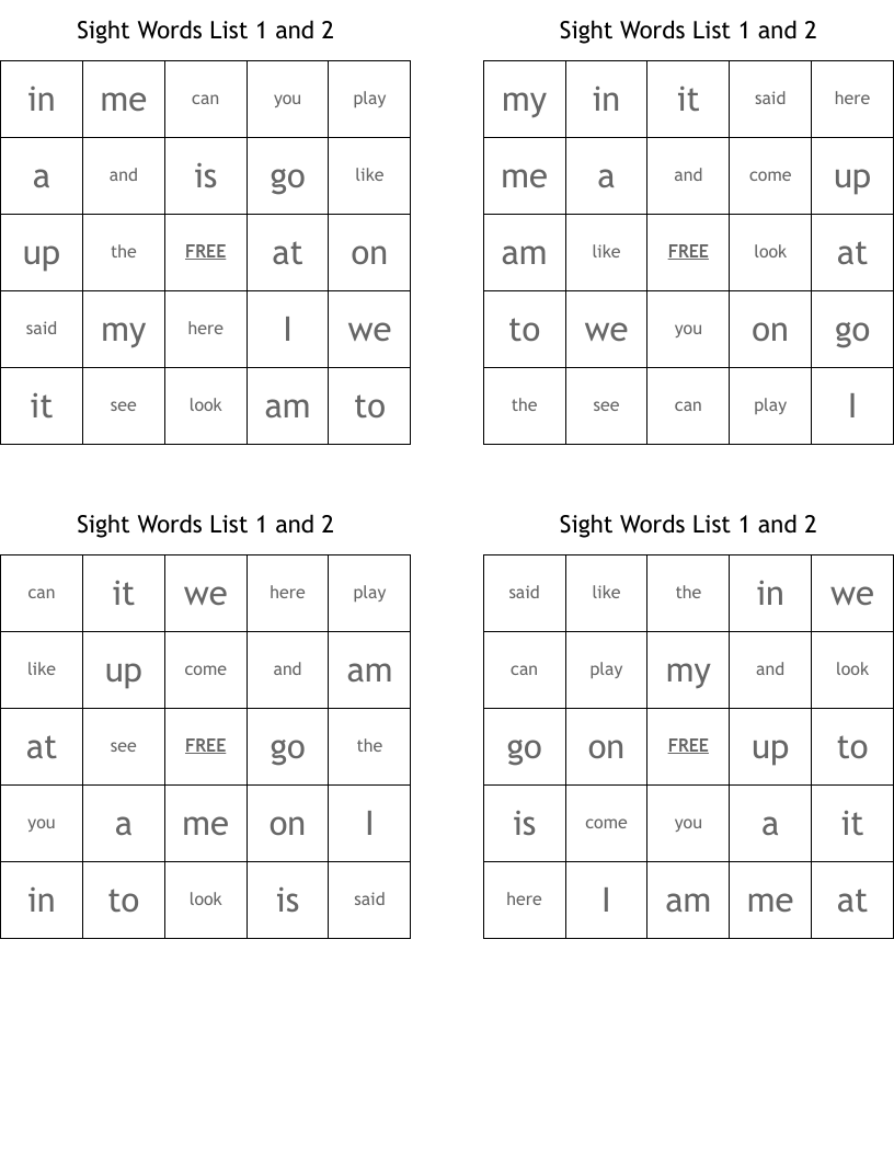 Sight Words List 1 and 2 Bingo Cards