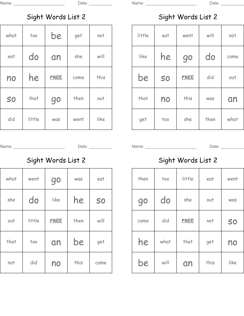 Sight Words List 2 Bingo Cards