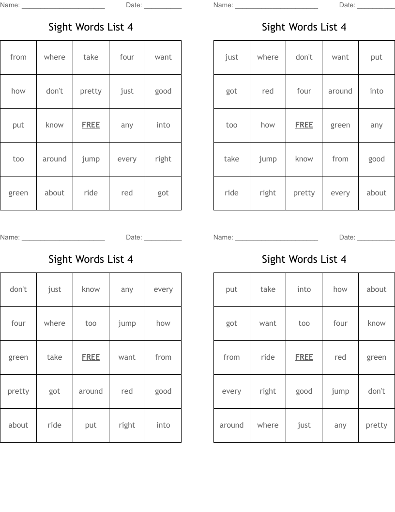 Sight Words List 4 Bingo Cards