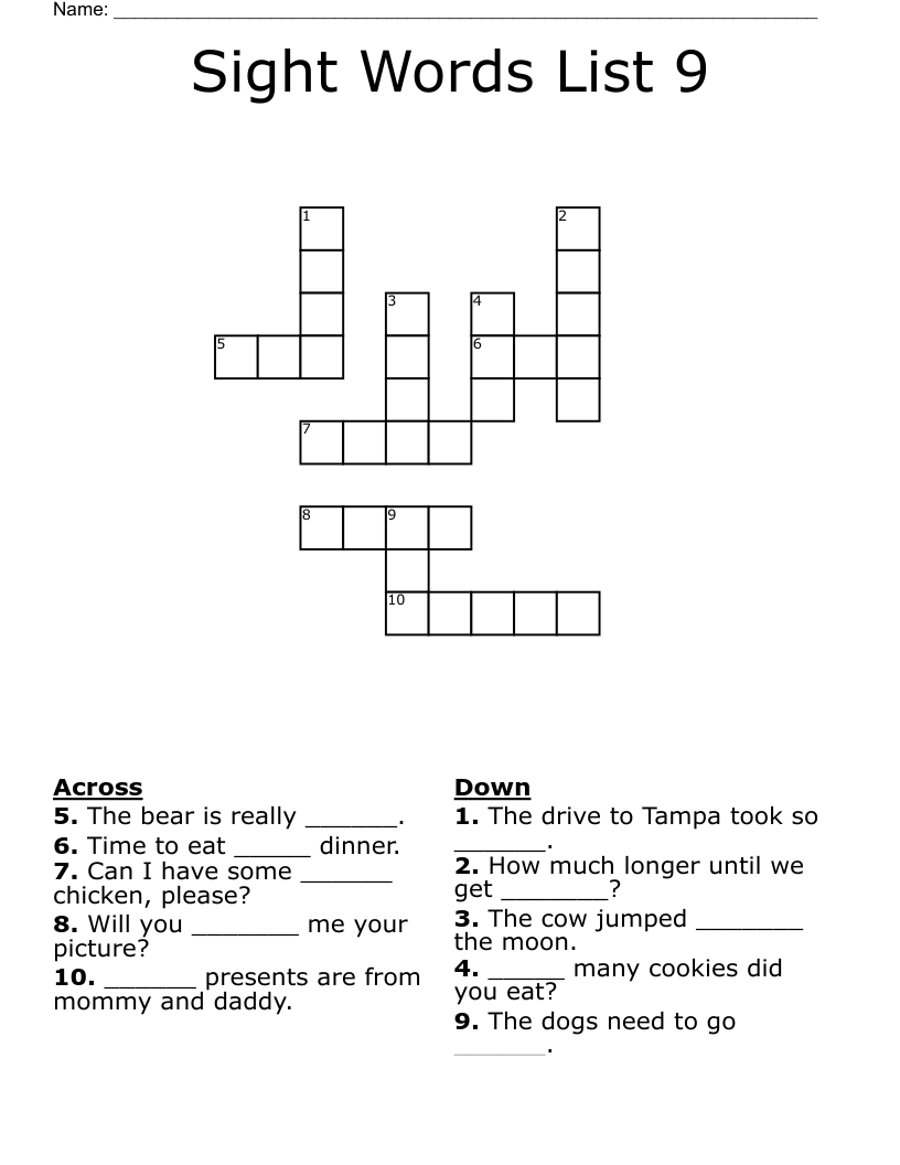 Sight Words List 9 Crossword